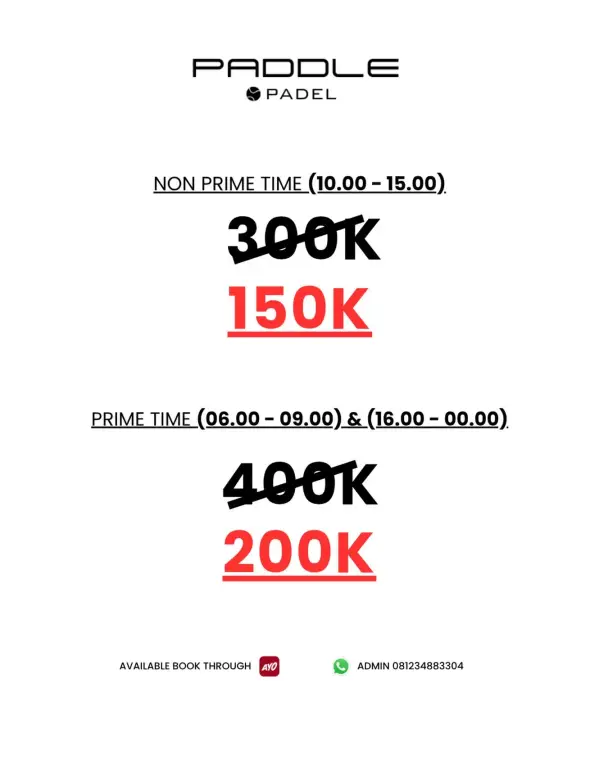 Paddle Padel promo poster: non-prime 300K now 150K, prime 400K now 200K